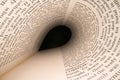 Inside The Book Concept. Latin Letters And Words On An Tunnel Shaped, Perspective Book Page With Black Dramatic Light. Education,