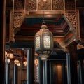 The inside of the building is adorned with one ornate traditional oriental lanterns.Generative AI