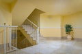 Inside of a building hall stairs with yellow walls and a plant in a pot Royalty Free Stock Photo