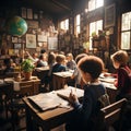 Inside a bustling classroom with desks neatly arranged.