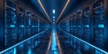 Inside a bustling data center: rack servers, supercomputers, and cloud storage visualization icons.