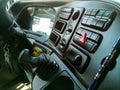 Inside the cab of a Mercedes truck. The long-distance cab