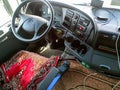 Inside the cab of a Mercedes truck. The long-distance cab