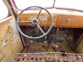 Inside cab view of rusty old junked pickup truck Royalty Free Stock Photo