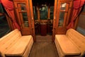 Inside cabin of driver in retro tramway, without passengers old vehicle staying on rail road in capital city