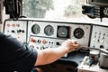 Inside the cabin with a train driver driving a train Royalty Free Stock Photo