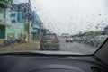 Inside the car. Closeup rain water drops
