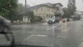 Driving on heavy summer rain , Campina city , Romania