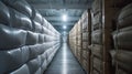 Inside the cargo hold of a bulk carrier where hundreds of tons of grain are neatly stacked and secured for safe Royalty Free Stock Photo