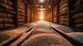 Inside the cargo hold of a bulk carrier where hundreds of tons of grain are neatly stacked and secured for safe Royalty Free Stock Photo
