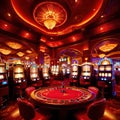 Inside casino interior, bright long exposure, glowing lights