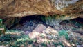 Inside of a cave in the mountain.