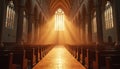 Inside church interior with sun rays through stained glass window. Rows of empty seats in cathedral. Old architecture with arches Royalty Free Stock Photo