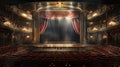 Inside classic vintage theatre, interior of old luxury theater auditorium, view of empty stage and curtain. Concept of opera hall Royalty Free Stock Photo