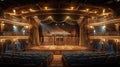 Inside classic vintage theatre, interior of old wooden theater auditorium with empty stage. Concept of opera hall, concert, show, Royalty Free Stock Photo