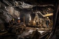 inside a coal mine, with miners using and drilling equipment to extract the resource