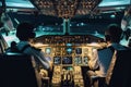 Inside cockpit on ground at an airport, both pilots are operating the airplane moving to the runway. Generative AI. Royalty Free Stock Photo