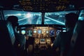 Inside cockpit on ground at an airport, both pilots are operating the airplane moving to the runway. Generative AI. Royalty Free Stock Photo