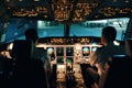 Inside cockpit on ground at an airport, both pilots are operating the airplane moving to the runway. Generative AI. Royalty Free Stock Photo