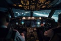 Inside cockpit on ground at an airport, both pilots are operating the airplane moving to the runway. Generative AI. Royalty Free Stock Photo