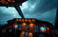 Inside cockpit of plane flying through stormy weather. Aircraft control panel, screens visible. Lightning flashes outside window. Royalty Free Stock Photo