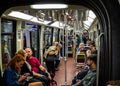 Inside a crowded Metro train on the Paris Metro system