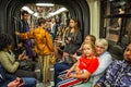 Inside a crowded Metro train on the Paris Metro system