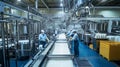 Milk processing facility with workers managing production lines in a modern dairy plant