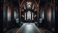 Inside of a dark, old fashioned chapel, the gothic architecture illuminates elegance generated by AI