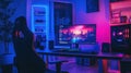 Inside a dark themed room, theres a desk with a monitor showing a skyline