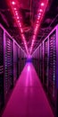 Inside Data Center with Neon Lighting, Storage Racks