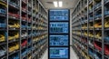 Data Center Server Room with Rows of Rack Mounted Servers and Cables in Various Colors Displaying Diagnostic Royalty Free Stock Photo
