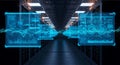 Data Center with Glowing Blue Screens Displaying Complex Graphs and Charts in a Tunnel View Setting for Technology Royalty Free Stock Photo