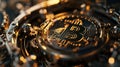 Inside a digital, minimalist clockwork mechanism, a Bitcoin serves as the central cog in a surreal, fantastical machinery. The