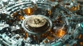 Inside a digital, minimalist clockwork mechanism, a Bitcoin serves as the central cog in a surreal, fantastical machinery. The