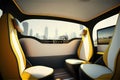 inside of Driverless Autonomous Vehicle. Futuristic Self-Driving taxi car empty salon in a Modern City with cityscape Royalty Free Stock Photo