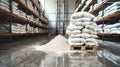 Inside the Efficient Storage of Flour Bags on Pallet Tracks in the Stockroom Royalty Free Stock Photo