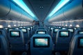 Inside empty passenger aircraft cabin. Neural network AI generated