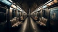 Inside empty subway car, metro car empty interior. Modern subway car with brown, vacant seats. Generative AI Royalty Free Stock Photo