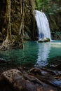 Inside Erawan Waterfall Park with amazing views, mini waterfalls, lakes and bridges. Beautiful landscape. Cozy place