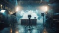 Professional film set with modern lighting equipment and atmospheric smoke. behind-the-scenes movie production