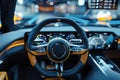 Inside futuristic car. Modern and futuristic car steering wheel and futuristic dashboard Royalty Free Stock Photo
