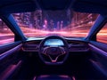 Inside futuristic car, neon auto, modern interior driverless vehicle