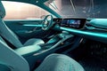 Inside futuristic car. Neon auto, modern interior and road grid. Driverless vehicle on night traffic background