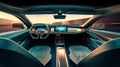 Inside futuristic car. Neon auto, modern interior and road grid. Driverless vehicle on night traffic background