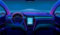 Inside futuristic car. Neon auto, modern interior and road grid. Driverless vehicle on night traffic vector background Royalty Free Stock Photo