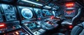 Inside futuristic command center or spaceship cockpit, interior of control room of spy base with dashboards and computer screens.