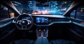 Inside a futuristic electric car. Neon car, modern interior and road grid. Generated by AI Royalty Free Stock Photo