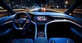 Inside a futuristic electric car. Neon car, modern interior and road grid. Generated by AI Royalty Free Stock Photo
