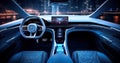 Inside a futuristic electric car. Neon car, modern interior and road grid. Generated by AI Royalty Free Stock Photo